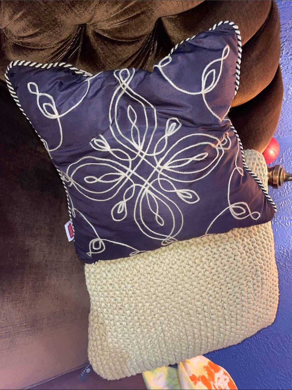 Navy Pillow with Cream Embroidered Swirl & knit pattern pillow